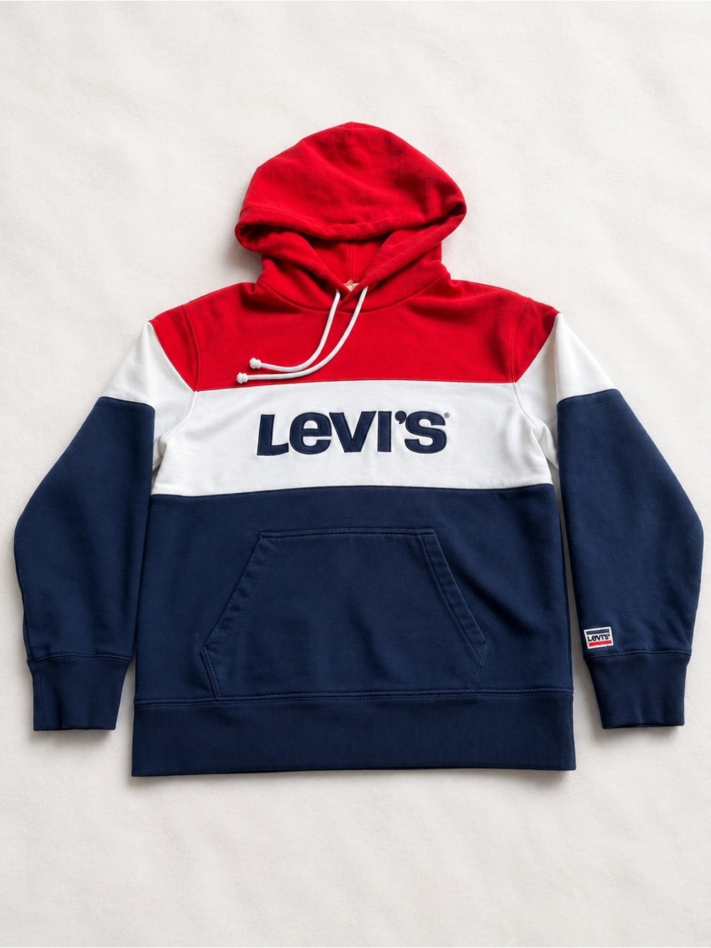 Levi’s Colourblock Hoodie Red White Blue Pullover Sweatshirt Medium​